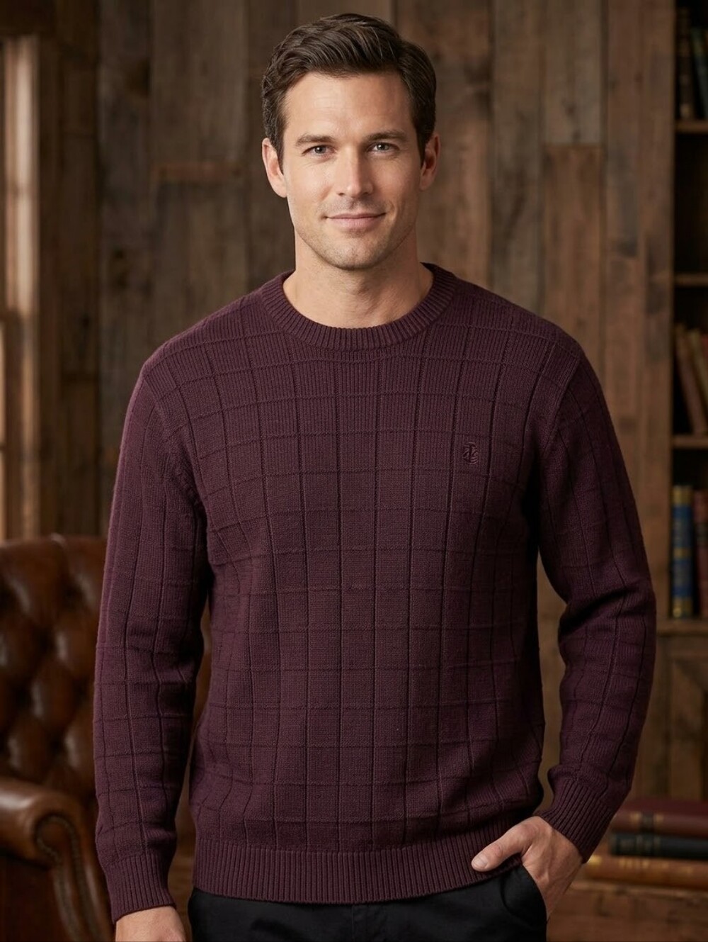 Vintage IZOD Men Large Burgundy Grid Knit Cotton Sweater Made in Australia